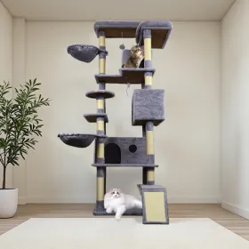 84.6 In Dark Gray Cat Tree Tower With Wide Base, 3 Large Hinding Condo, 11 Sisal Scratching Post, Sisal Scratching Ladder, 2 Hammocks, Large Top (Option: defaulttitle)